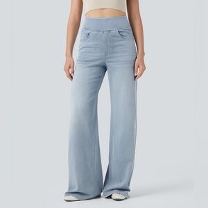 Halara Flex™ High Waisted Stripe Wide Leg Flowy Jeans Size Medium Petite Lt Blue